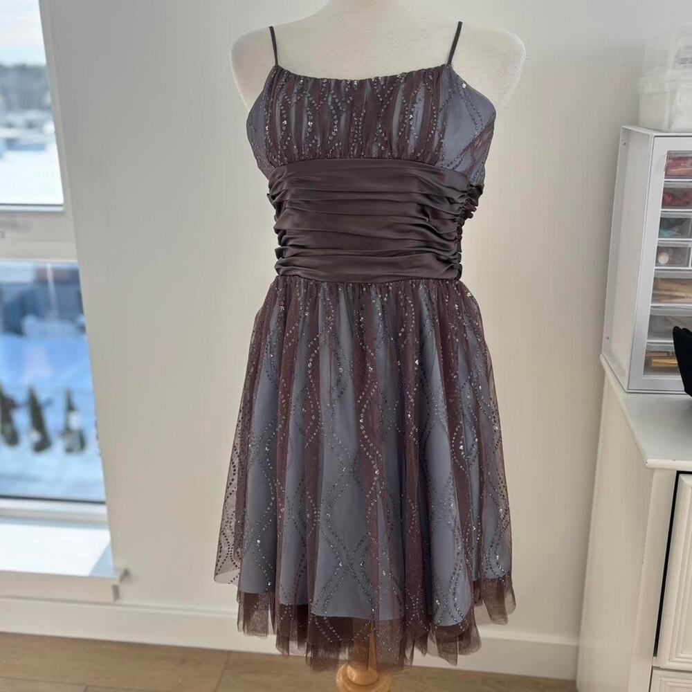 Morgan Co Blue Brown Square Neck Sparkle Ruffle Semi Formal Party Dress Sz 1/2